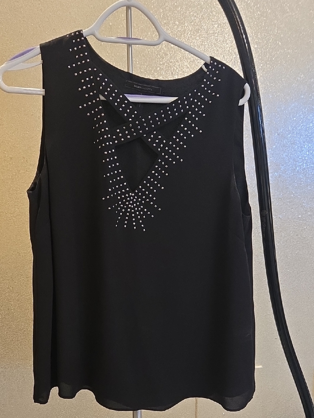 BCBGMaxAzaria Sleeveless Black Studded Crisscross Neck Women's Top